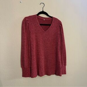 Ribbed V-Neck Sweater in Deep Red